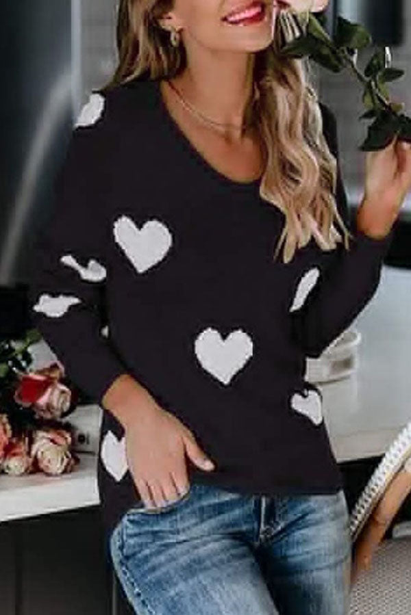 Stylish Color-blocked Heart-patterned Long-sleeved Loose Knit Sweater