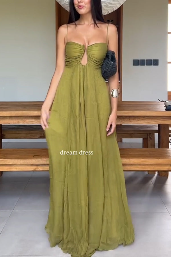 Soft and Elegant Metal Hollow Design Back Smocked A-line Slip Maxi Dress, Olive / XL Soft and Elegant Metal Hollow Design Back Smocked A-line Slip Maxi Dress, Olive / XL