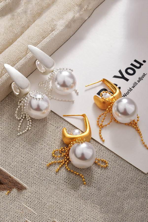 Elegant Pearl Bow Tassel Pearl Earrings