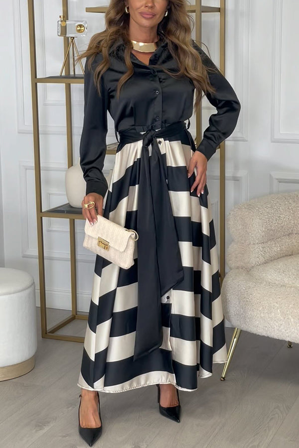 Lindsey Satin Colorblock Contrast Long Sleeve Belted Shirt Maxi Dress, Black / XL Lindsey Satin Colorblock Contrast Long Sleeve Belted Shirt Maxi Dress, Black / XL