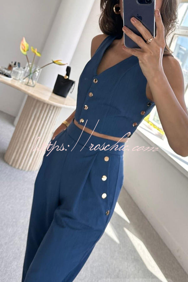 Stylish Button-up Vest and Pocket Straight-leg Pants Set