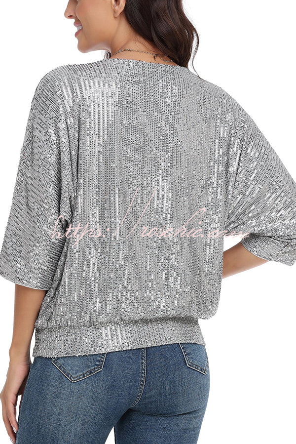 Solid Color Sequined Loose Round Neck Casual Top