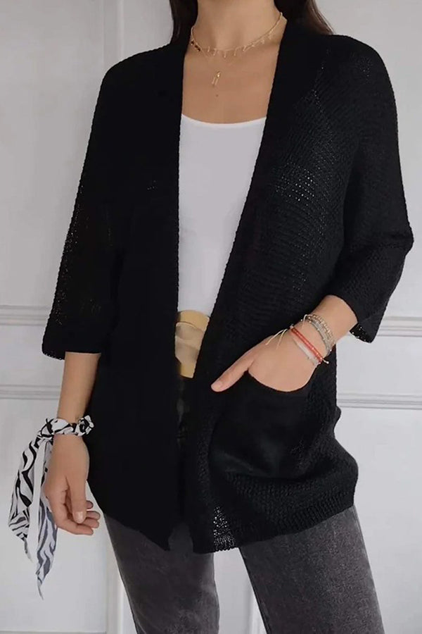 Solid Color Loose Long Sleeve Pocket Knitted Cardigan