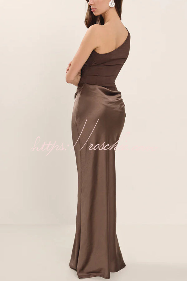 Kaia Satin Contrast Fabric Patchwork One Shoulder Ruched Maxi Dress – roschic