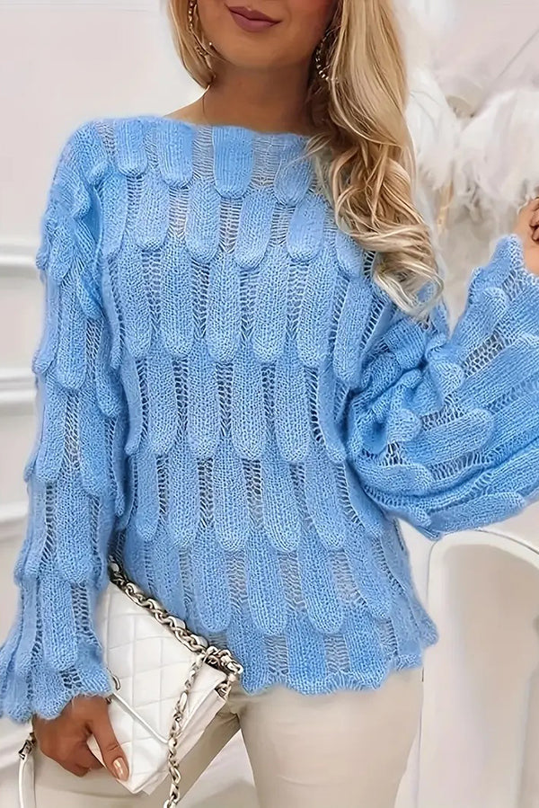 Elegant Feather Hollow Loose Bell Sleeve Knitted Sweater