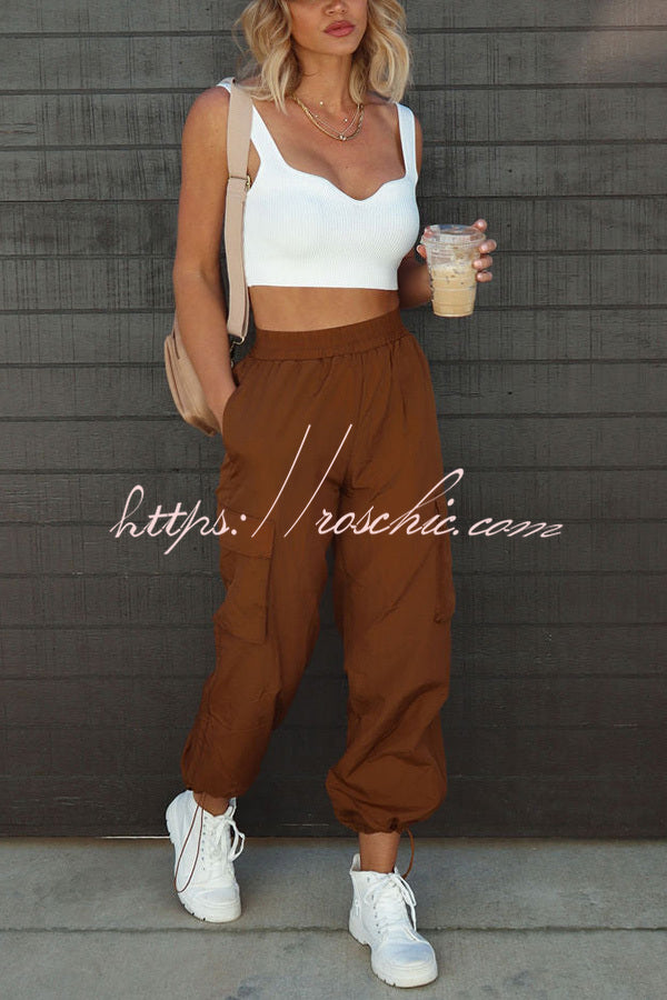 Let��s Rewind Nylon Elastic Waist Pocketed Cargo Pants