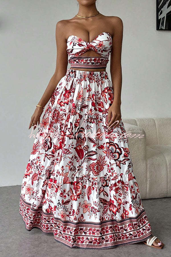 Floral Print Cutout Bandeau Top and Elastic Waist Full Maxi Skirt Set