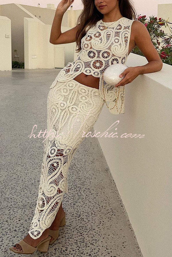 Summer Getaway Look Crochet Lace Elastic Waist Irregular Hem Maxi Skirt