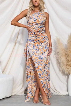 Intense Love Floral One Shoulder Asymmetrical Ruffle Trim Maxi Dress