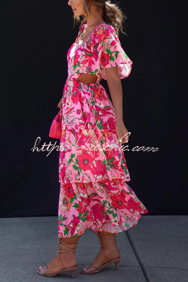 It's All Special Floral Cutout Waist Tiered Midi Dress