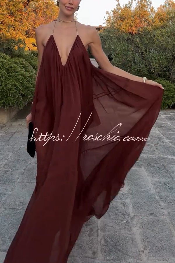 Flowing Lightweight Chiffon Chain Halter Neck Detail Backless A-line Maxi Dress