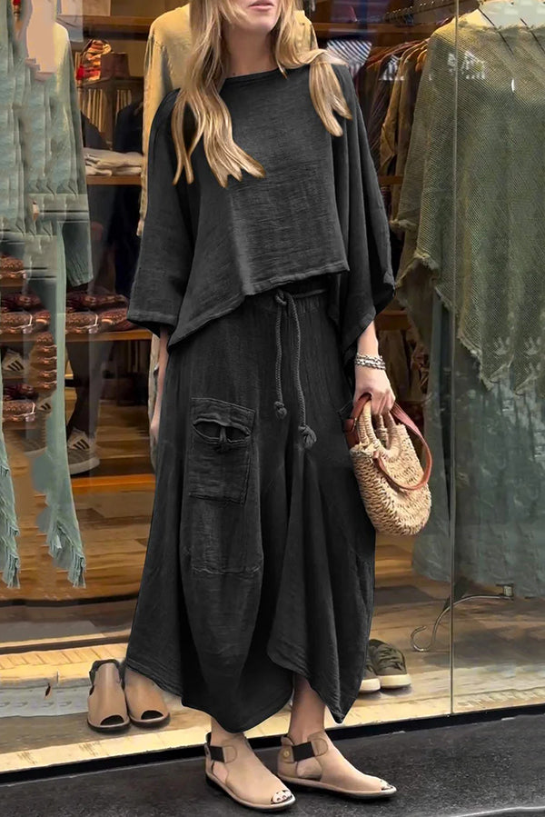 Solid Color Loose Round Neck Top and Elastic Waist Tie Casual Maxi Skirt Set