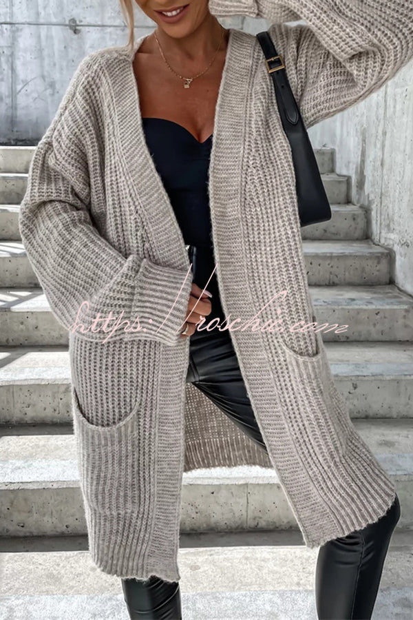 Solid Color Striped Pocket Long Sleeve Cardigan