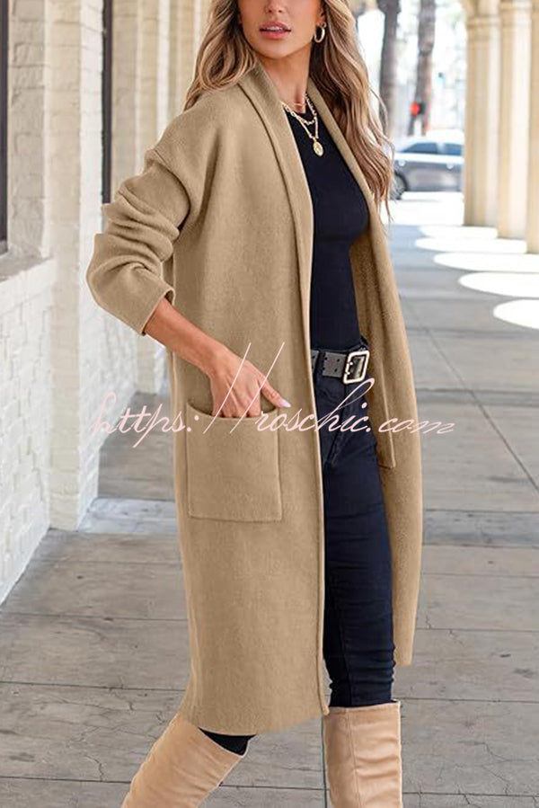 Solid Color Long-sleeved Casual Loose Pocket Mid-length Cardigan