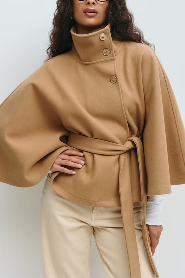 Fashionable Stand Collar Button Waist Tie Loose Cape