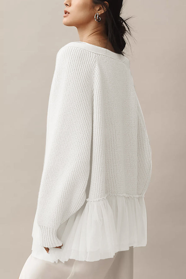 Fashionable Splicing Mesh Ruffle Knitted Long-sleeved Loose Cardigan