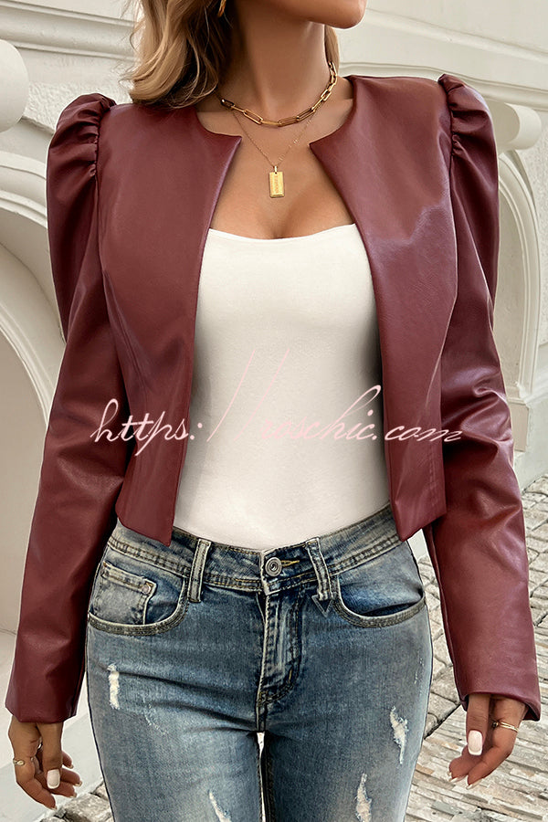 Yelissa Faux Leather Statement Long Sleeve Open Front Crop Jacket