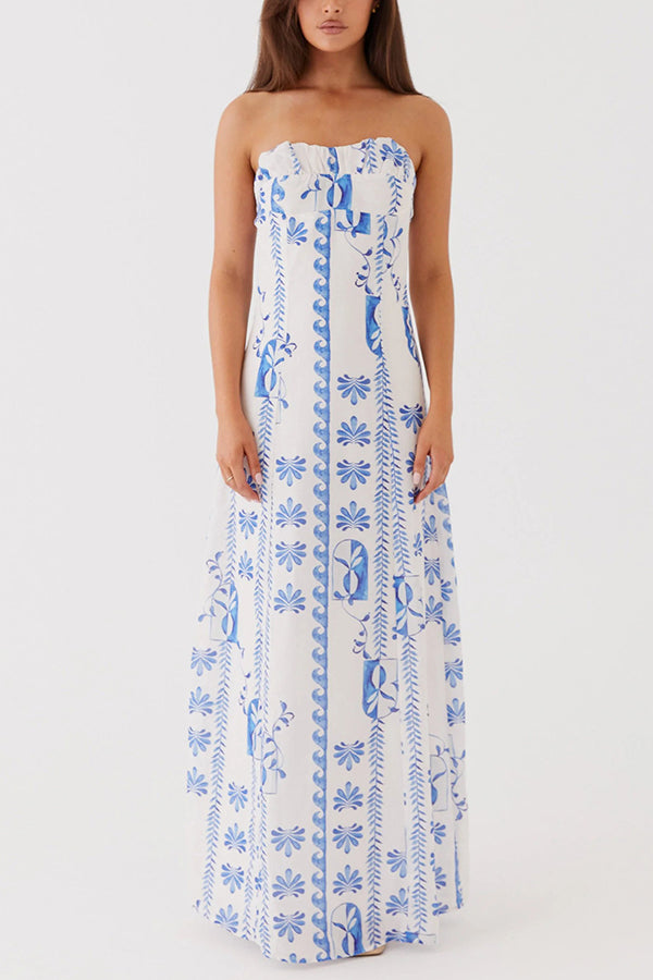 Freya Linen Blend Floral Wave Print Ruched Bust Strapless Maxi Dress –  roschic