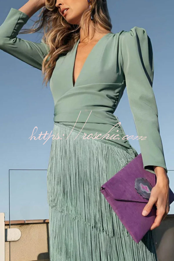 Solid Color V-Neck Long Sleeve Elegant Tassel Maxi Dress