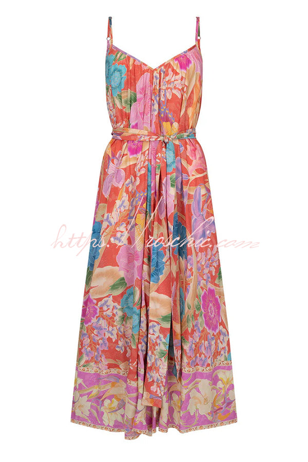 Painter's Garden Boho Floral Print Strappy A-line Maxi Dress