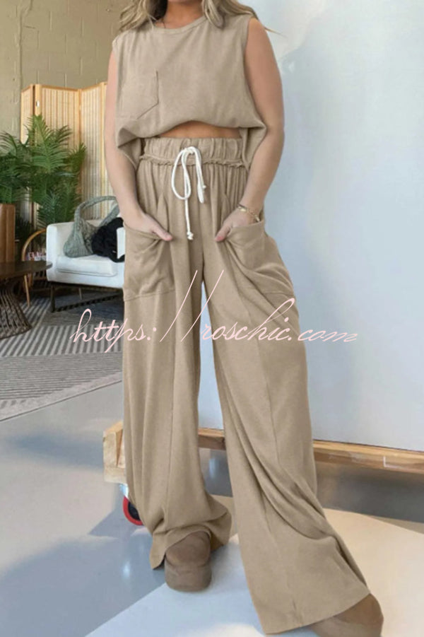 Best Comfort Pocketed Tank Top and Elastic Waist Wide Leg Pants Set