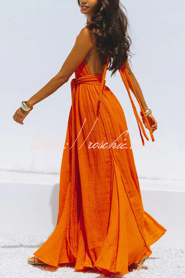 Summer Whispers Linen Blend Draped Braids Deep V-neck Halter Backless – roschic
