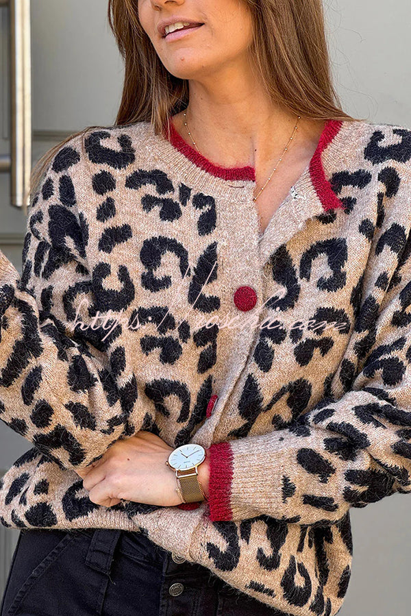 Leopard Print Crew Neck Long-sleeved Loose Knit Cardigan
