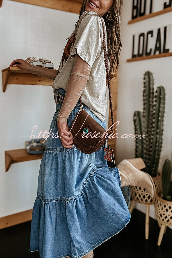 Bohemian High Rise Button Up Loose Denim Pocket Maxi Skirt