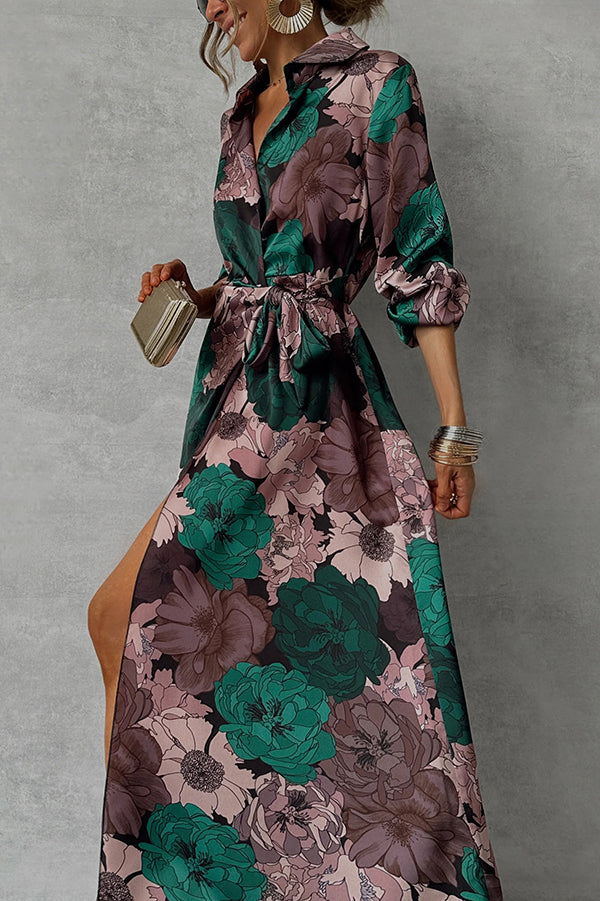 Floral Print Lapel Waisted Lace-up Long-sleeve Maxi Dress