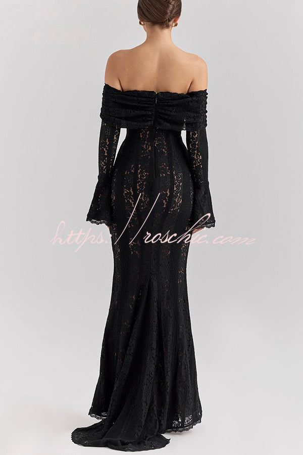 Outline The Curve Floral Lace Off Shoulder Bell Sleeve Stretch Maxi Dress