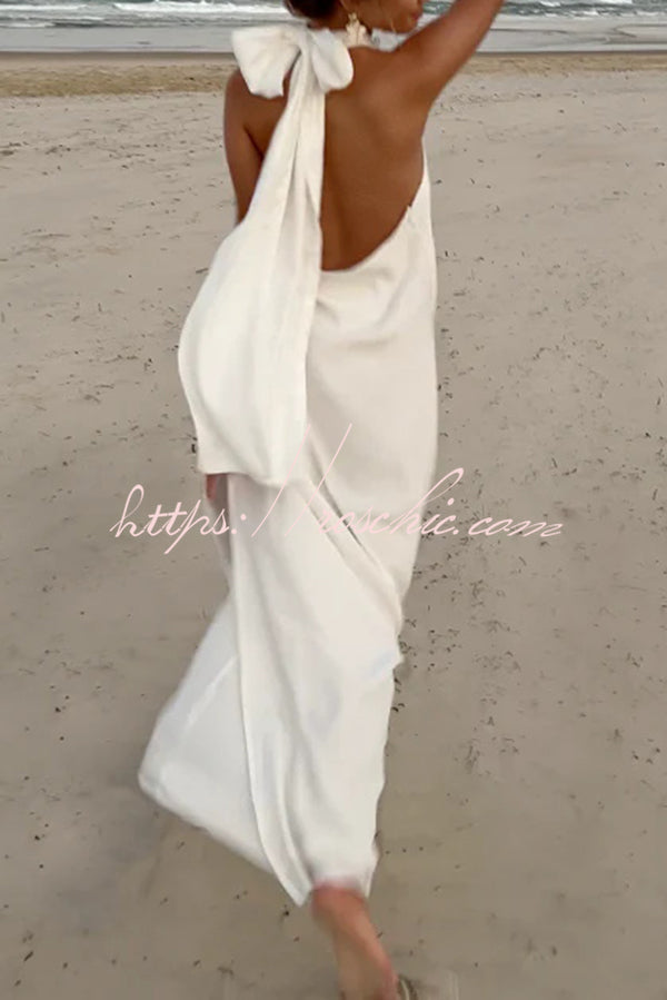 Floral Embellished Satin Halterneck Backless Resort Maxi Dress
