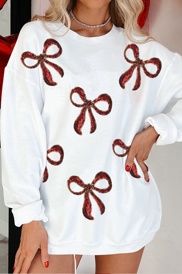 Christmas Red Bow Sequin Loose Casual Long-sleeved Sweatshirt
