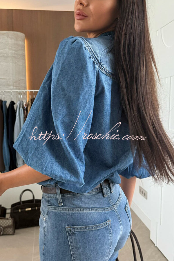 Fashion V-neck Button-down Lantern Sleeve Casual Denim Shirt
