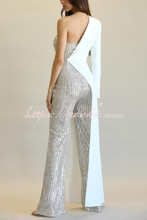 Fashionable Sequined Patchwork One-sided Long-sleeved Asymmetrical Jumpsuit