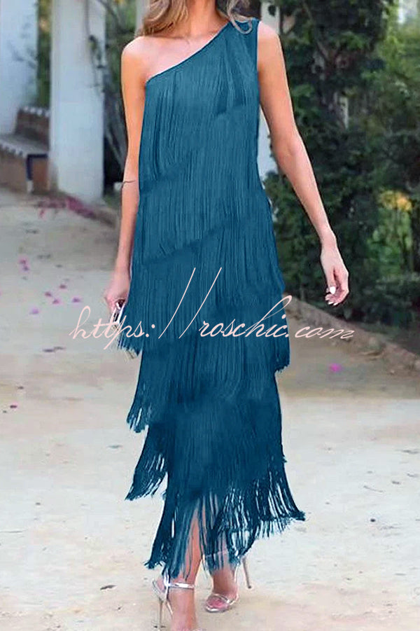 Stylish Fringed One Shoulder Asymmetric Midi Dress