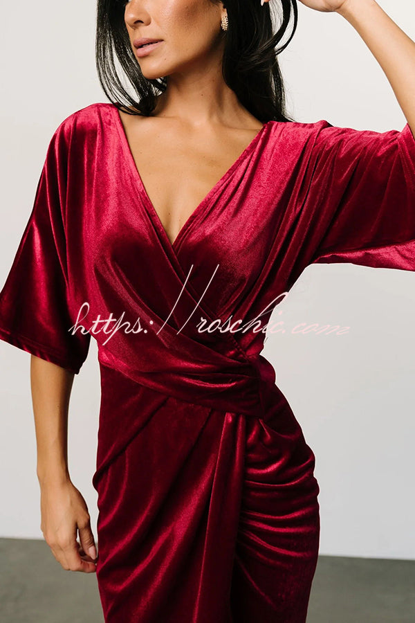 Brendy V Neck Half Sleeve Velvet Pleated Midi Dress