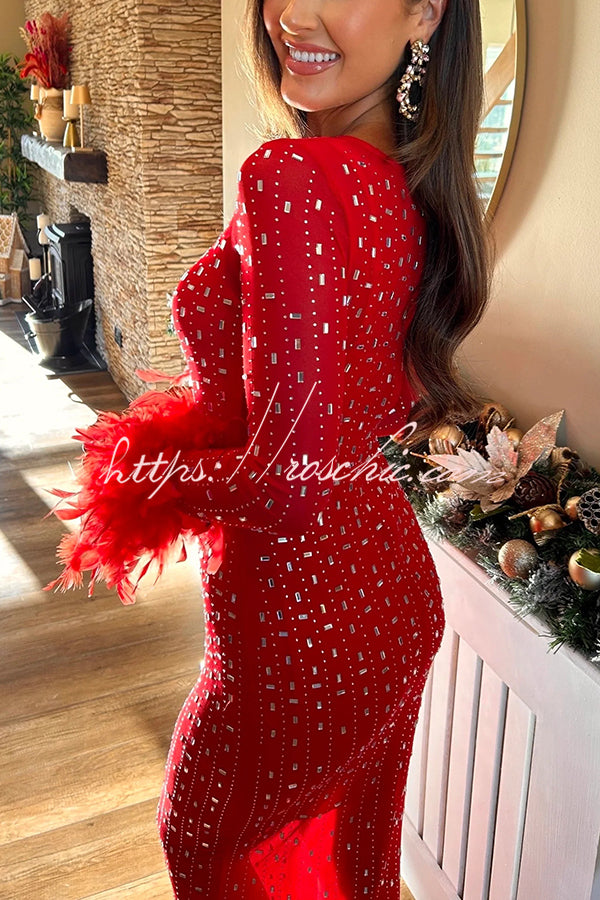 Sexy Long Sleeve Round Neck Feather Edge Rhinestone Decoration Slim Fit Maxi Dress