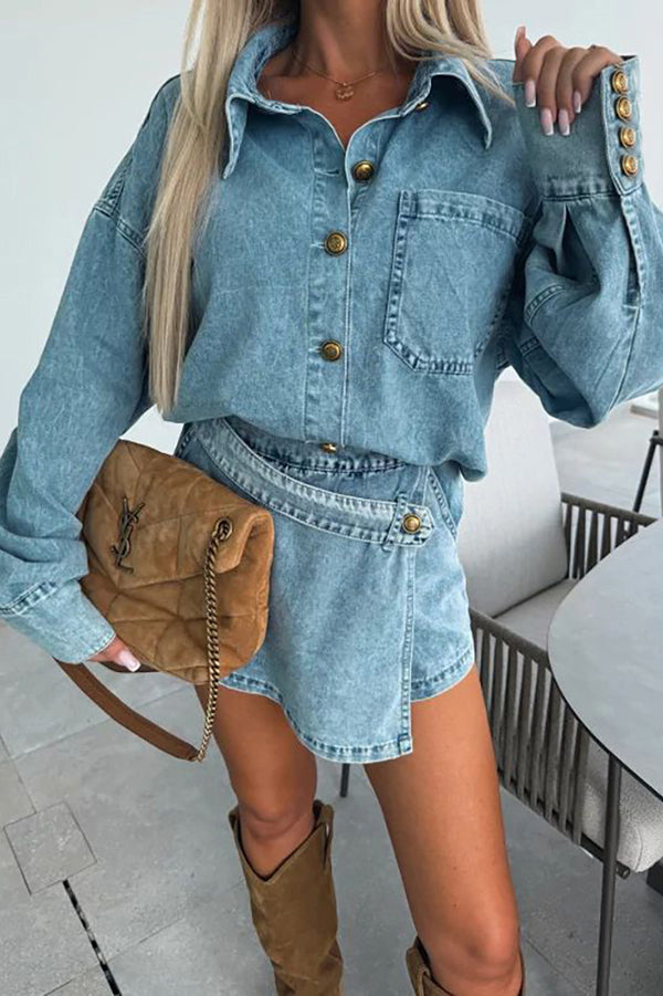Fashion Lapel Button Pocket Denim Jacket and Irregular Mini Skirt Set