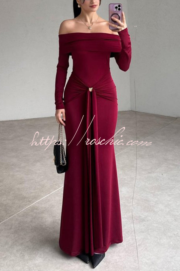 Naia Off Shoulder Long Sleeve Metal Buckle Adjustment Drape Stretch Maxi Dress