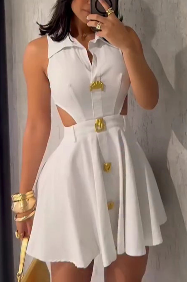 Fashion Sleeveless Lapel Metal Button Waist Cutout Mini Dress