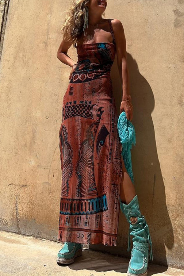 Gypsy Style Unique Print Cowl Neck Back Lace-up Slit Midi Dress, Blue / XL