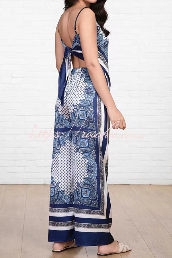 Unique Printed Sling Backless Strappy Top and Elastic Waisted Loose Pants Set