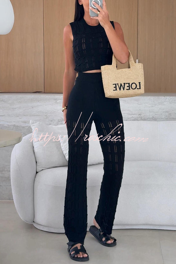 Solid Color Hollow Sleeveless Round Neck Knitted Vest and Stretch Casual Straight Pants Set
