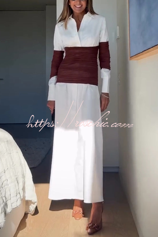 Fashionable Pleated Contrast Patchwork Waist Long Sleeve Button Shirt Maxi Dress