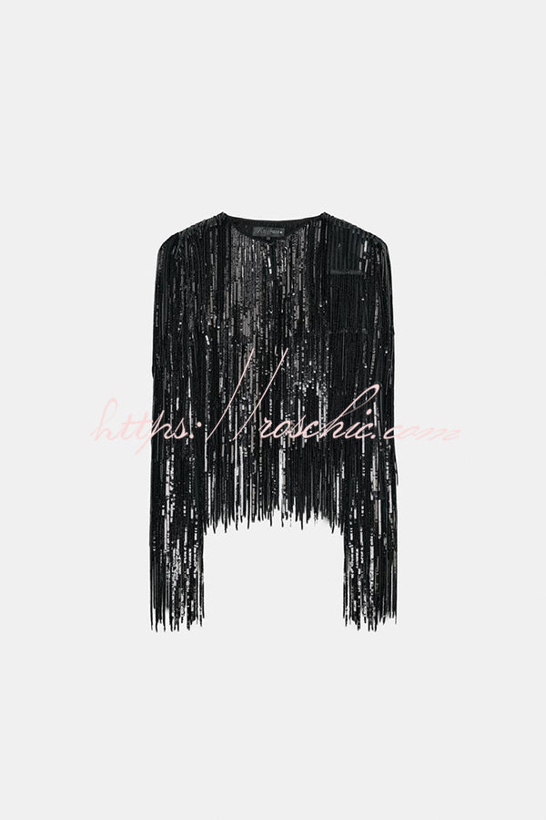 Party Crasher Layered Sequined Tassels Long Sleeve Loose Jacket