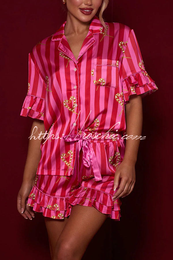 Girls Night Long Candy Stripe Tiered Bell Cuffs Elastic Waist Pocket Pajama Shorts Set