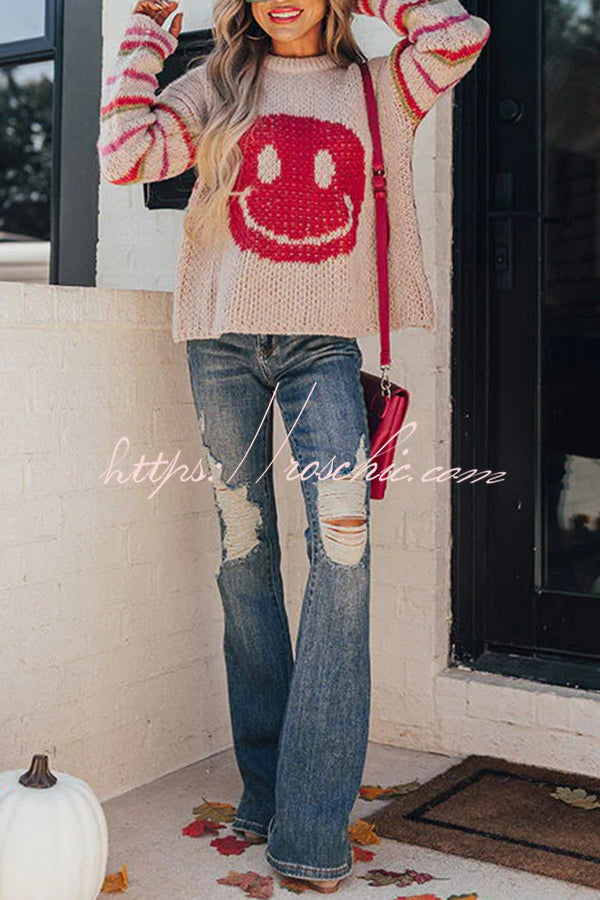 Fall Into Happiness Knit Smiley Face Striped Pullover Sweater