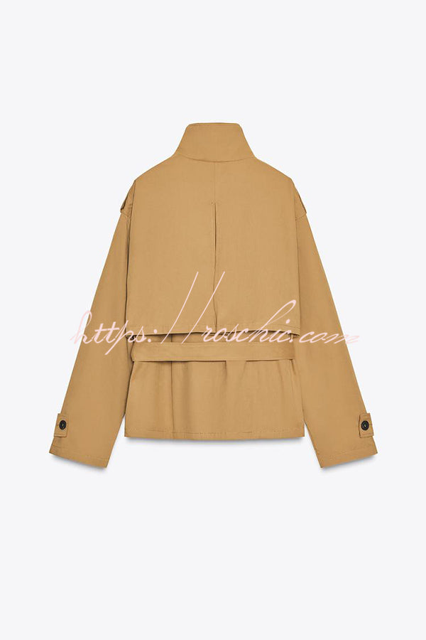 Chic Comfort Epaulettes Contrast Buttons Pocket Belt Cropped Trench Coat