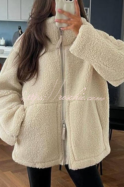 Solid Color Stitching High Collar Long Sleeve Loose Pocket Woolen Coat