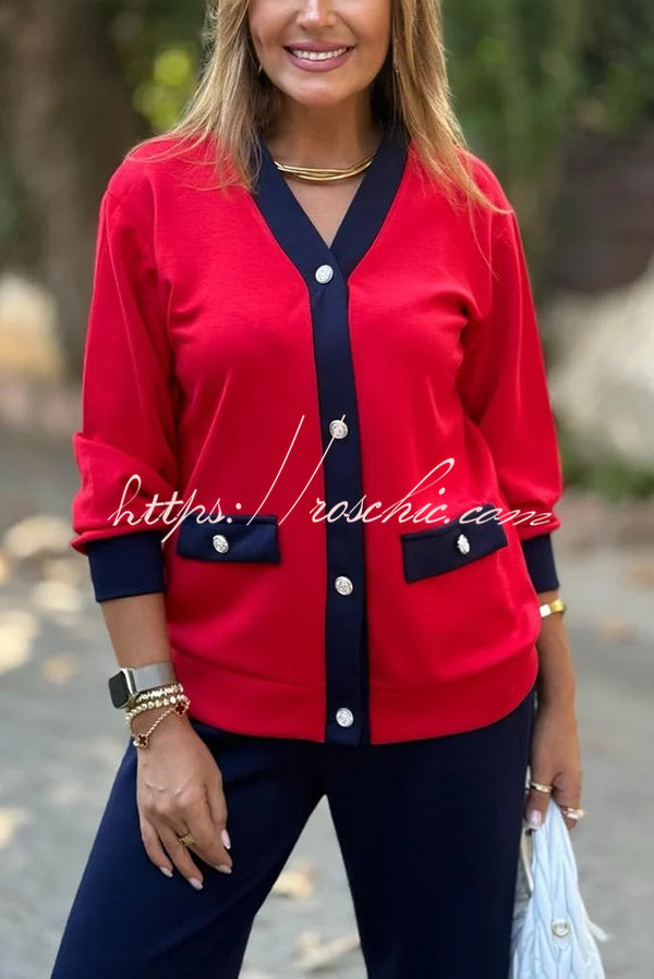 Stylish Color-blocked V-neck Knitted Button-down Cardigan and Elastic Waist Casual Wide-leg Pants Set